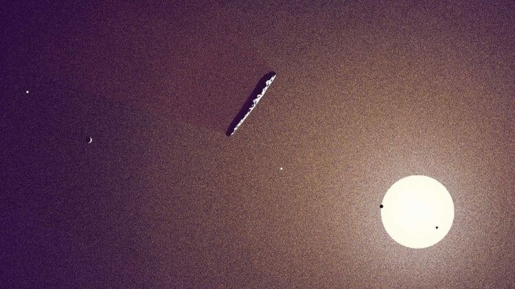Оумуамуа – инопланетный корабль? Астероид Оумуамуа рядом с Солнцем в представлении художника. Настоящий фотографий этого таинственного объекта у ученых нет. Фото.