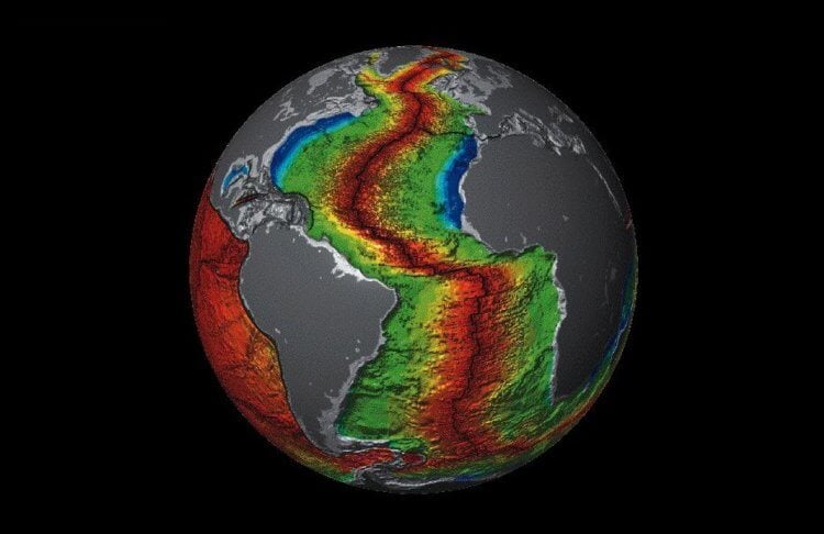 Движение литосферных плит. Срединно-Атлантический хребет расположен посередине и показан красным цветом. Фото.