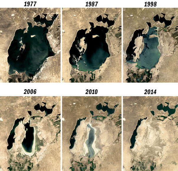 Последствия испарения Каспийского моря. На снимке отображены этапы постепенного исчезновения Аральского моря. Фото.