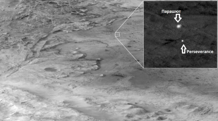 Фото с Марса 2021. Фотография зоны посадки сделанная спутником Mars Reconnaissance Orbiter. Фото.
