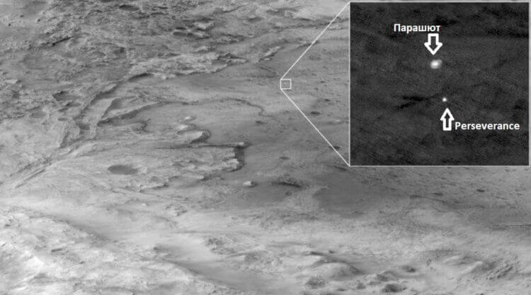 Фотография зоны посадки сделанная спутником Mars Reconnaissance Orbiter. Фото.