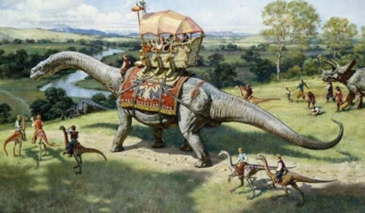 Древний человек и динозавры. Совершенно сказочная картина, где люди катаются верхом на динозаврах. Фото.