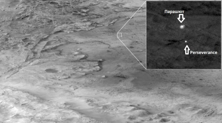 Посадка марсохода Perseverance. Фото, сделанное спутником Mars Reconnaissance Orbiter. Фото.