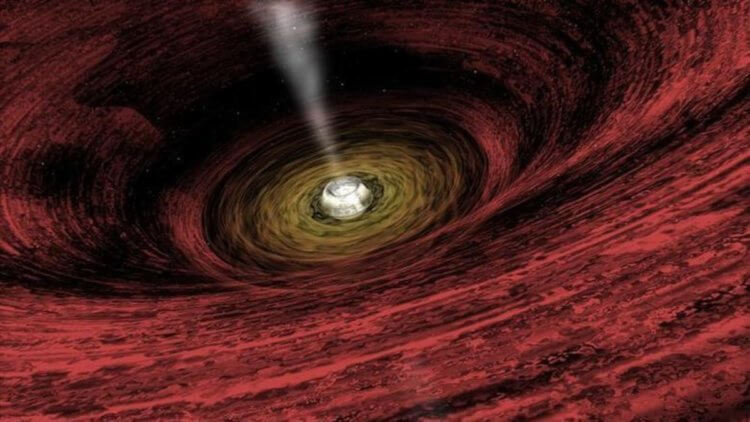 Странная черная дыра. Центр галактики J0437+2456 в представлении художника. В центре находится блуждающая сверхмассивная черная дыра. Фото.