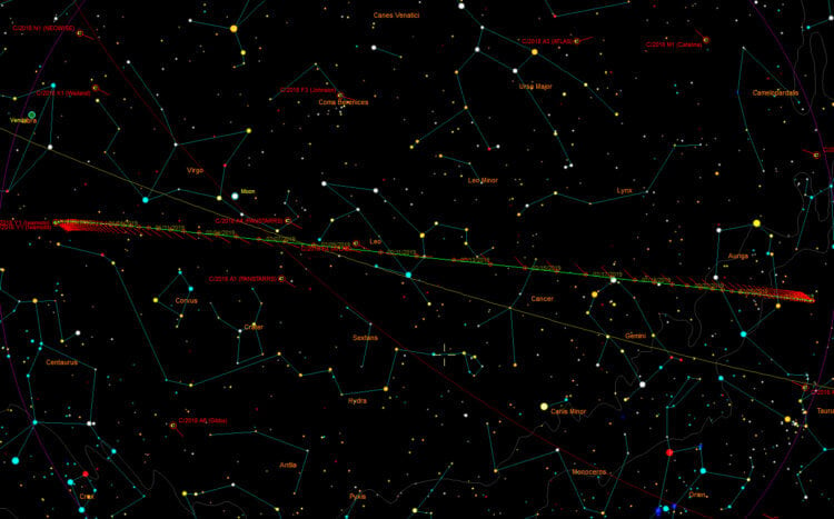 Комета Леонардо – небесный странник. На приведенной диаграмме показан путь кометы на фоне звезды в течение следующих 3 месяцев. Фото.