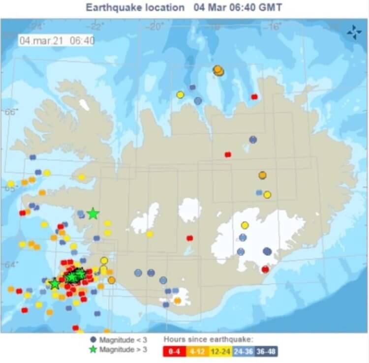 Вулканы в Исландии. Карта, где землетрясения фиксировались чаще всего. Фото.