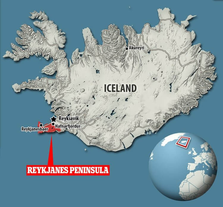 Землетрясения в Исландии. Расположение полуострова Рейкьянес. Фото.