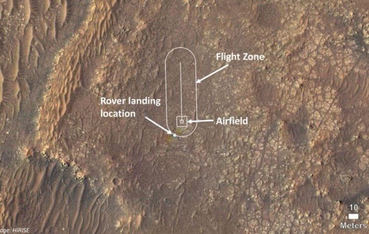 Первый полет на Марсе. Карта зоны, на которой скоро пройдут испытания вертолета Ingenuity. Фото.