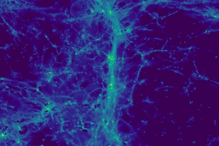 Как обнаружить космическую паутину? На снимке изображен свет, испускаемый атомами водорода в космической паутине. Можно разглядеть несколько точечных источников: это галактики в которых только-только начали формироваться звезды. Фото.