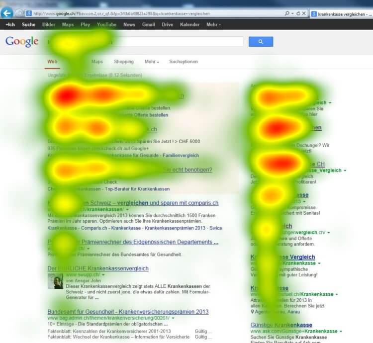Как работает «айтрекинг»? Красным цветом отмечены области в поисковой выдаче Google, на которые пользователи обращают больше всего внимания. Фото.