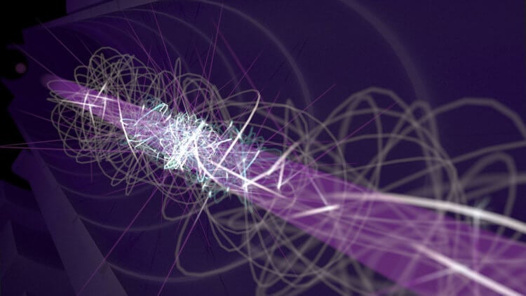 Антиматерию охладили почти до абсолютного нуля лазерным лучом. Впервые физики использовали лазерный свет (фиолетовый) для охлаждения антиматерии. Серые линии показывают движение атома антиводорода до охлаждения; синие-после. Фото.