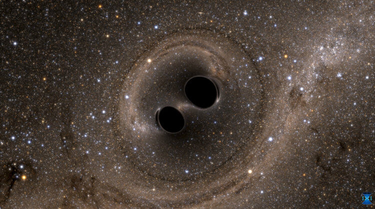 Черные дыры и гравитационные волны. Столкновение двух черных дыр – причина возникновения гравитационных волн (в представлении художника). Фото.