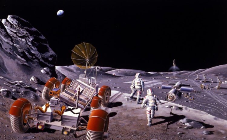 Зачем нужно изучать Луну? Люди на Луне в представлении художника. Фото.