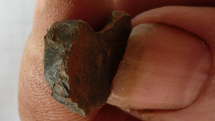 Самое первое жилище людей. Крошечная часть древнего инструмента из камня. Фото.