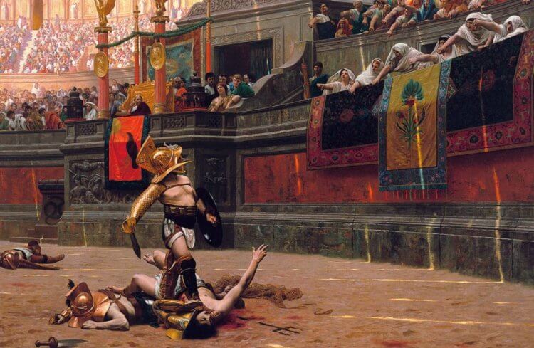 Особенности Колизея в Риме. Гладиаторский бой в представлении художника. Фото.