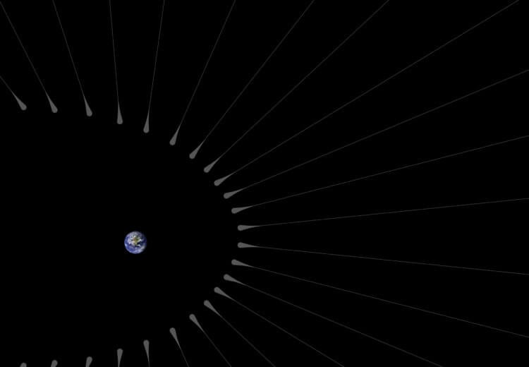 Поиски темной материи. На этой иллюстрации показана Земля, окруженная теоретическими нитями темной материи, называемыми «волосками». Фото.