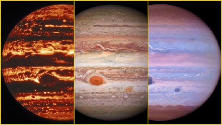 Получены новые фотографии Юпитера. Что в них особенного? Новые снимки Юпитера видимом, инфракрасном и ультрафиолетовом свете должны помочь ученым выяснить, что является движущей силой образования массивных штормов газового гиганта. Фото.