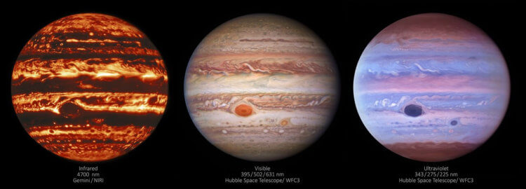 Большое красное пятно. Юпитер в трех типах света. Фото.
