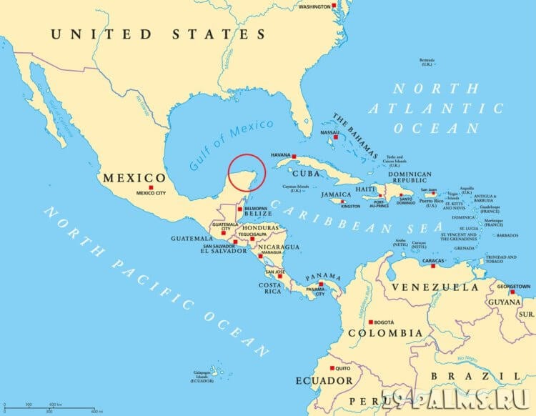 Что интересен полуостров Юкатан? Полуостров Юкатан на карте отмечен красным кружком. Фото.
