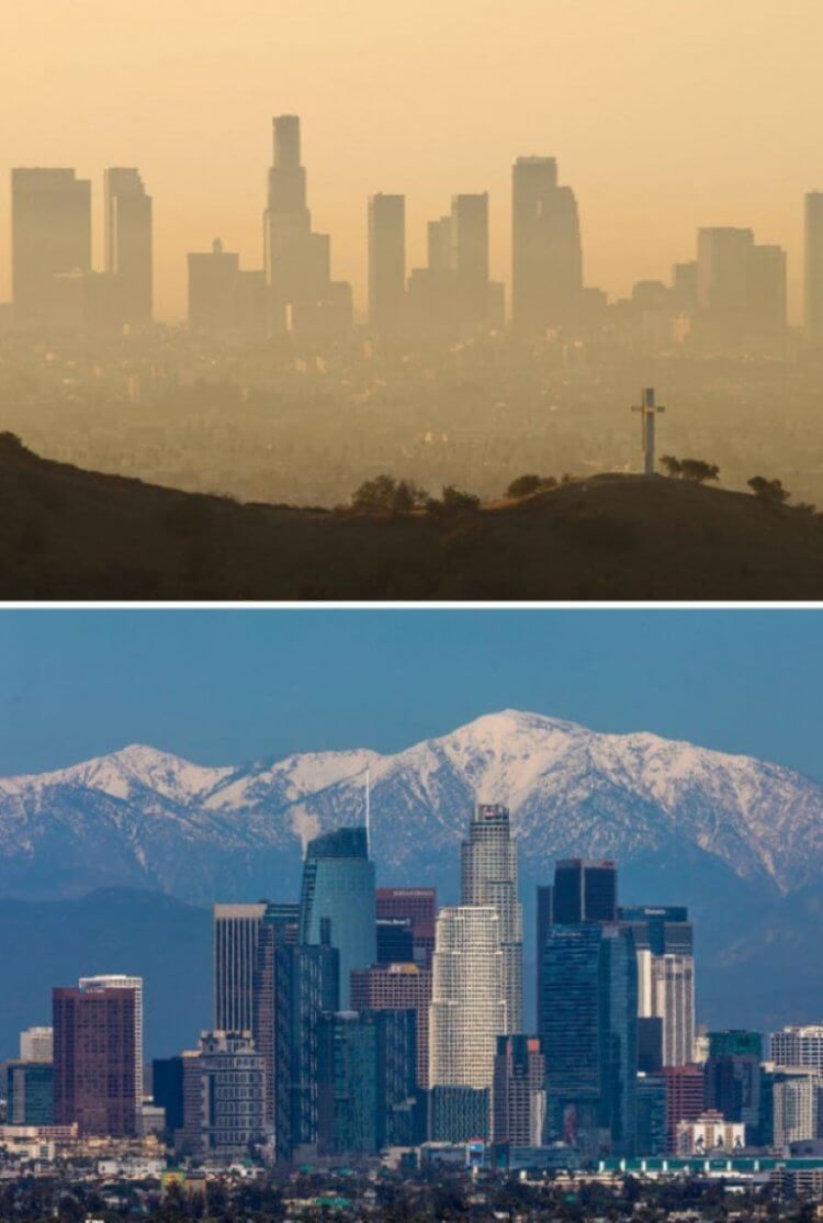 Метан в атмосфере Земли. Воздух в Лос-Анджелесе до и после карантина. Фото.