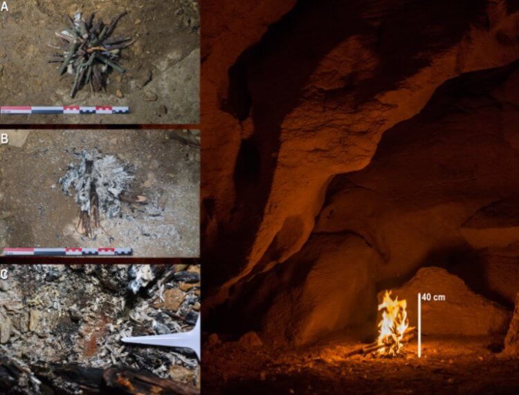 Факелы и костры древних людей. Горение костра внутри пещеры Isuntza 1. Фото.