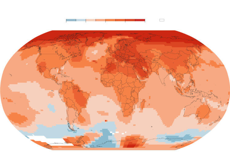 Изменение климата – что нужно знать? На карте показаны участки, с более прохладной или теплой температурой в 2020 году по сравнению с серединой ХХ века. Фото.
