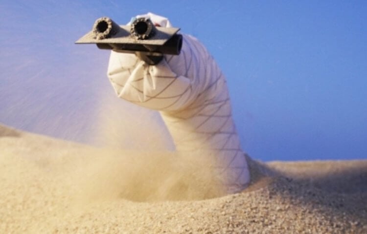 В США разработан робот-червь, передвигающийся под землей. Зачем он нужен? Внешность робота-червяка. То, что похоже на глаза — это форсунки для отвода лишнего песка. Фото.