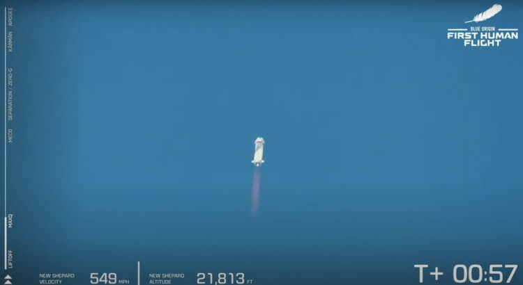 Полет Джеффа Безоса в Космос. Взлет ракеты New Shapard с пассажирами на борту. Фото.