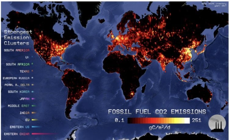 Эпоха антропоцена. Карта выбросов углекислого газа в атмосферу. Фото.
