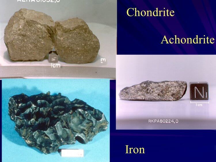 Какие бывают метеориты? Типы метеоритов сверху вниз: хондрит, ахондрит и железный метеорит. Фото.