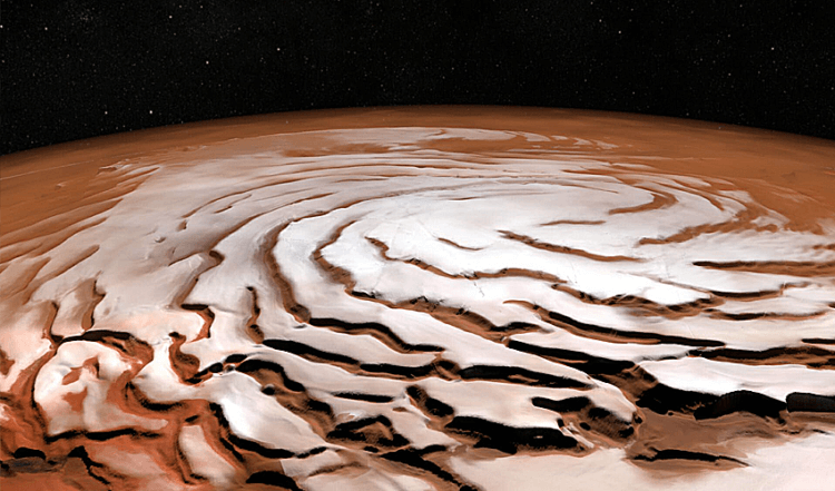 Ученые выяснили возраст льда на Марсе по содержанию пыли и его отражающей способности. Ученые нашли способ, как по яркости и цвету льда на Марсе определить его возраст. Фото.