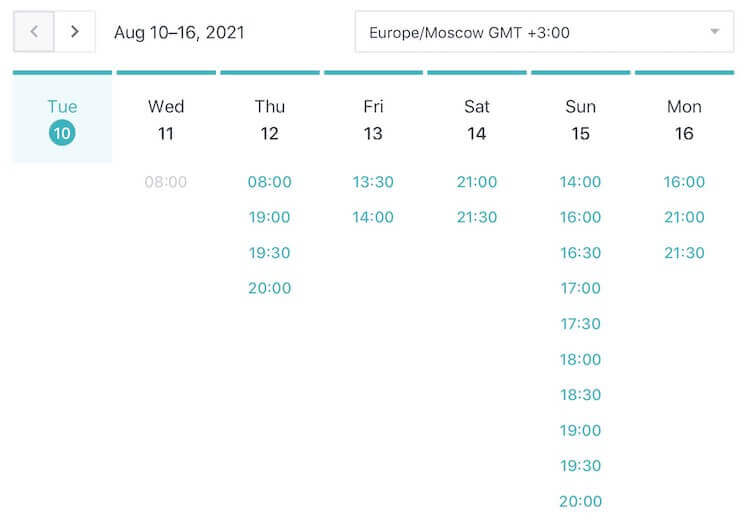 Когда будете выбирать время занятий, его автоматически переведут в ваш часовой пояс. Фото.