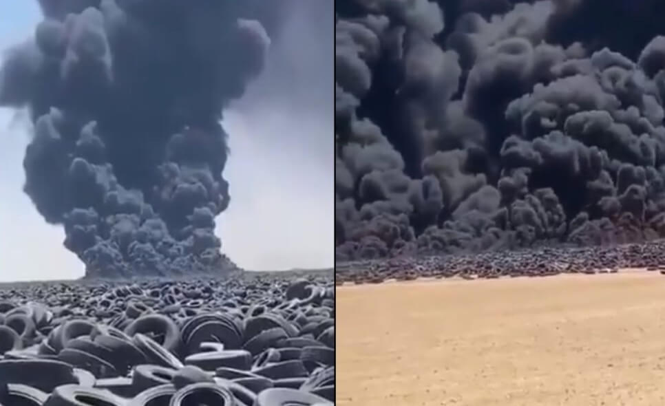 При горении автомобильных шин в окружающую среды выбрасывается много ядовитых веществ. Фото.