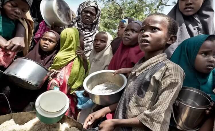Статистика голодающих в мире. Дети из Сомали ждут своей порции еды. Фото.