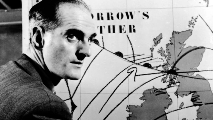 Можно ли верить прогнозам погоды? Джордж Коулинг — ведущий самого первого выпуска прогноза погоды по телевидению 11 января 1954 года. Фото.