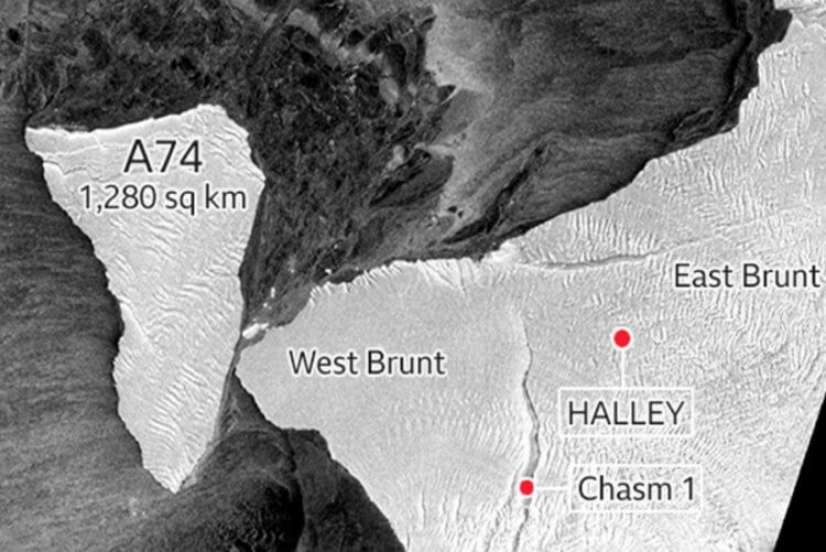 Чем опасен ледник A74. Гигантский айсберг А74 «поцеловал» шельфовый ледник. Фото.