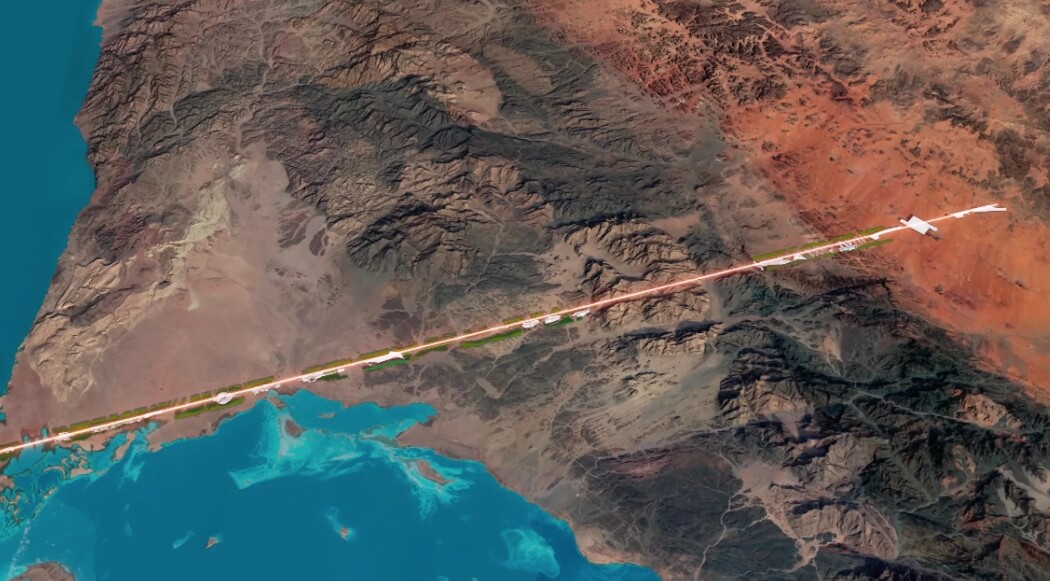 С большой высоты город The Line будет выглядеть примерно так. Фото.