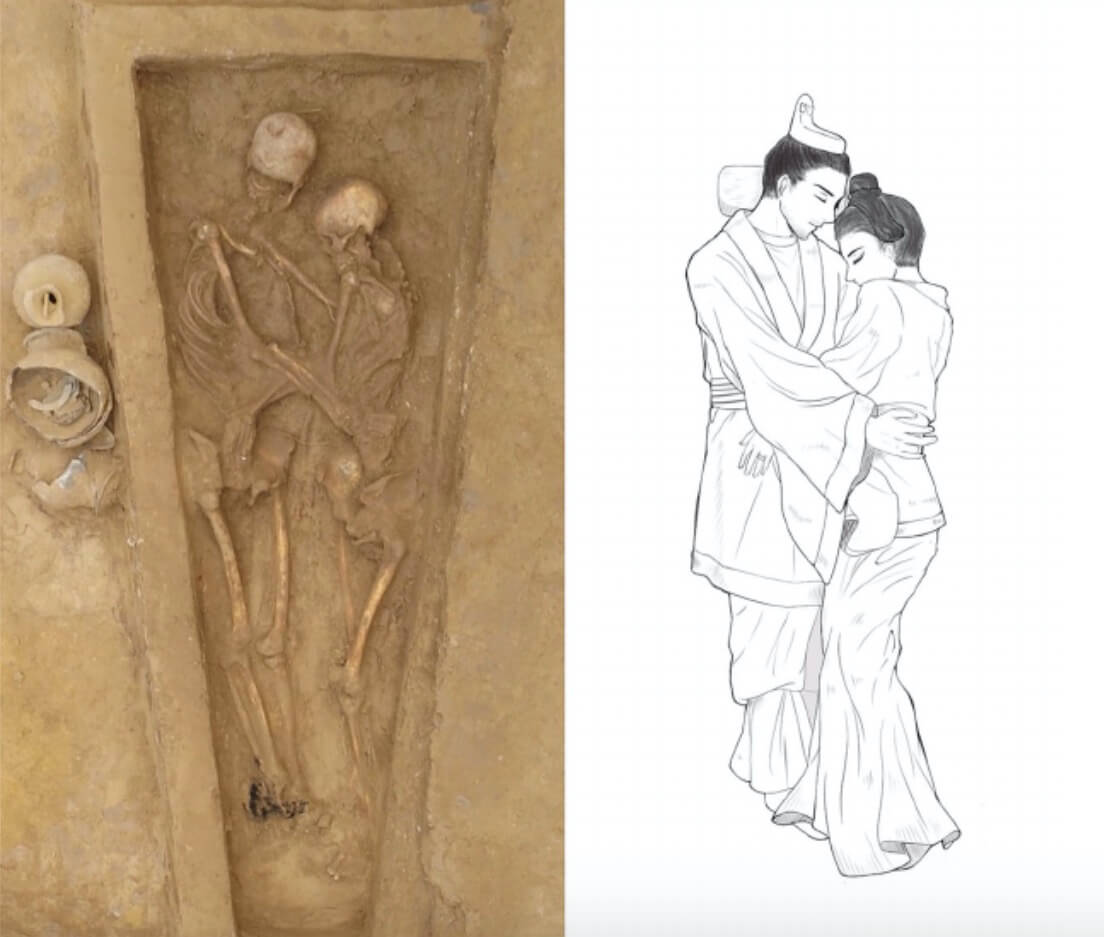 Захоронение мужчины и женщины, которые обнимают друг друга. Фото.