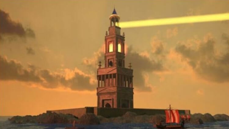 Как работал александрийский маяк в античные времена. Предположительно на маяке был установлен отражатель,обеспечивающий направленный пучок света. Фото.