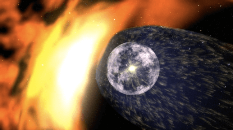 Миссия длиною в жизнь. На этой иллюстрации показана наша солнечная система, подвешенная в «пузыре» защитного солнечного ветра, известного как гелиосфера. Там, где заканчивается сфера, резкие космические лучи сталкиваются с нашей солнечной системой. Фото.