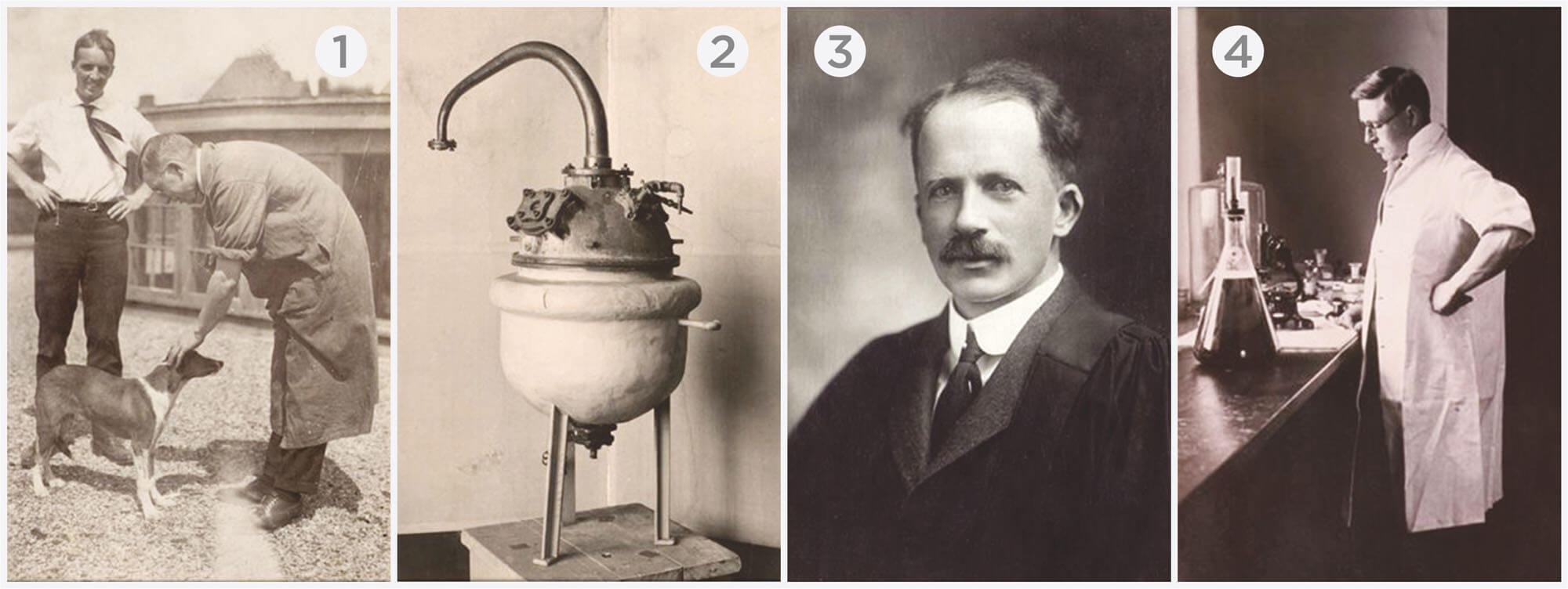 1) Фредерик Бантинг нагнулся над испытуемой собакой; 2) Устройство для извлечения инсулина; 3) Биохимик Джеймс Коллип очищает инсулин от примесей; 4) Джон Маклеод, который запустил массовое производство инсулина. Фото.