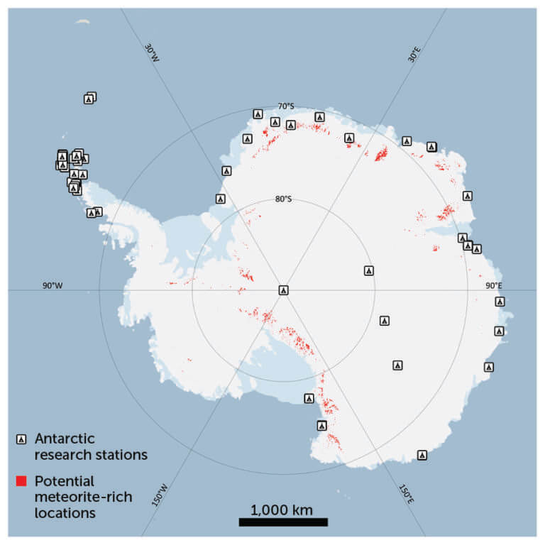 Карта возможного местоположения метеоритов в Антарктиде. Фото.