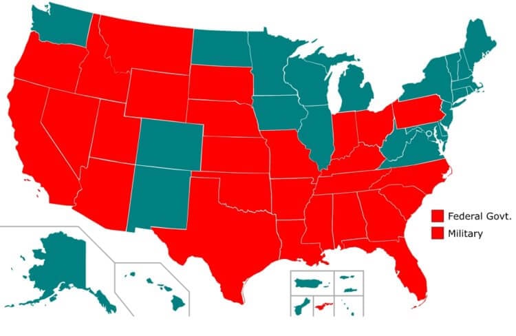 В каких штатах США регулярно применяется смертная казнь. Красным цветом отмечены штаты,в которых разрешена смертная казнь. Фото.
