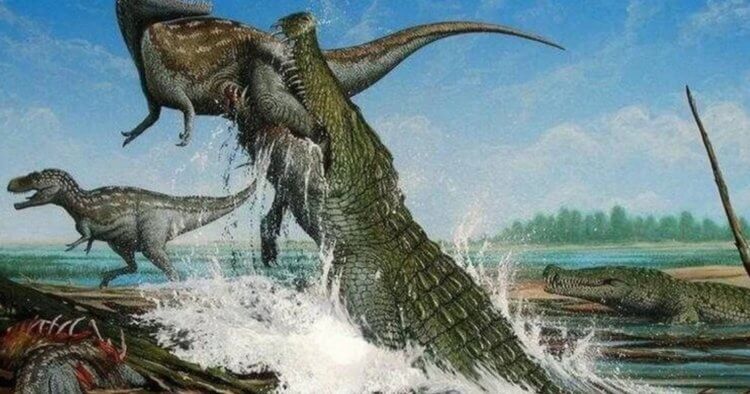 Ученые открыли новый вид крокодилов. Охота древнего крокодила на динозавров в представлении художника. Фото.