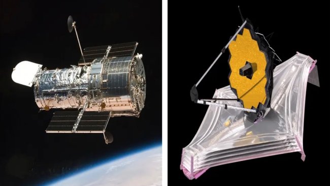 Чем телескоп «Джеймс Уэбб» лучше «Хаббла?». Слева «Хаббл», справа — «Джеймс Уэбб». Фото.