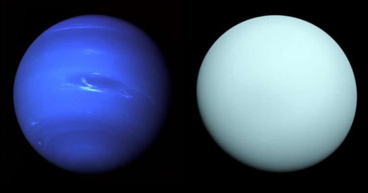 Ученые объяснили, почему Уран и Нептун окрашены в разные оттенки синего. Слева Нептун, а справа — Уран. Фото.