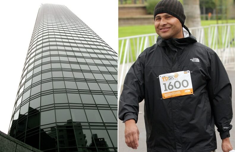 Алсидес Морено и небоскреб, с которого он упал. Фото.