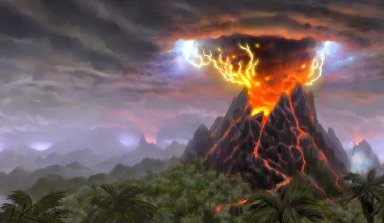 Из-за чего 75 тысяч лет назад человечество оказалось на грани вымирания? Извержение вулкана Тоба в представлении художника. Фото.