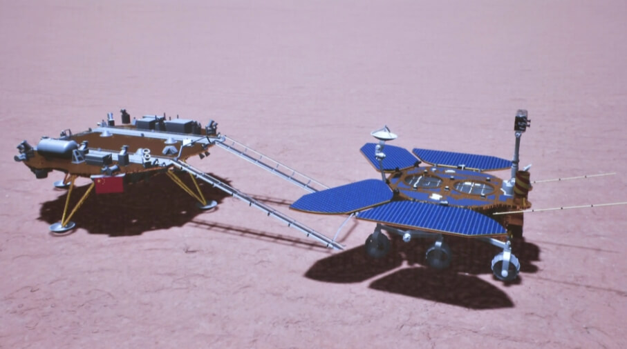 Спуск аппарата «Чжужун» на поверхность Марса. Фото.