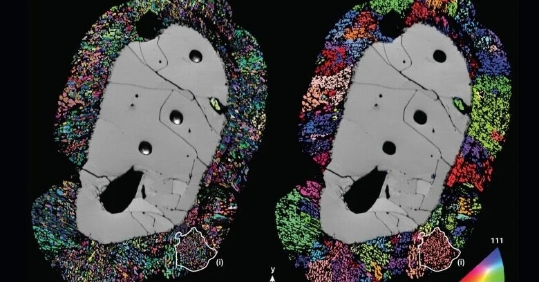 Последствия падения астероида. Карта кристаллов в обнаруженных образцах породы. Фото.